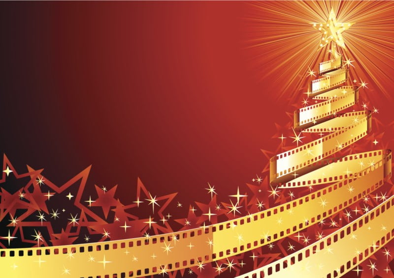 Raud bakgrunn med stjerner og filmrull i gull med stjerne på toppen